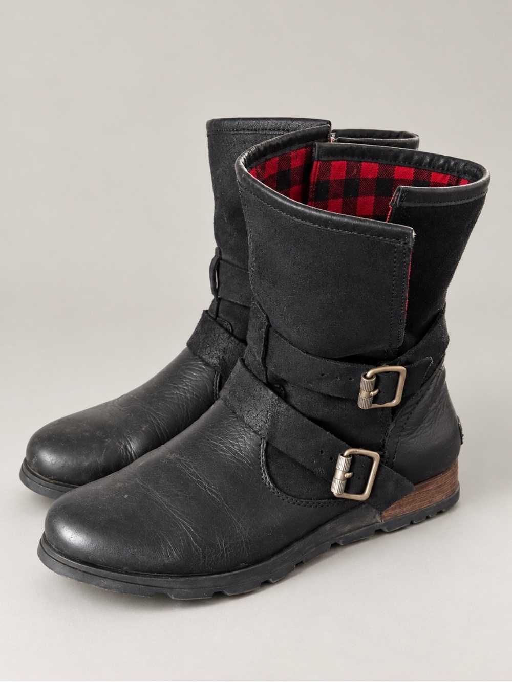 Sorel Black Leather Moto Ankle Boots with Red Plaid Lining